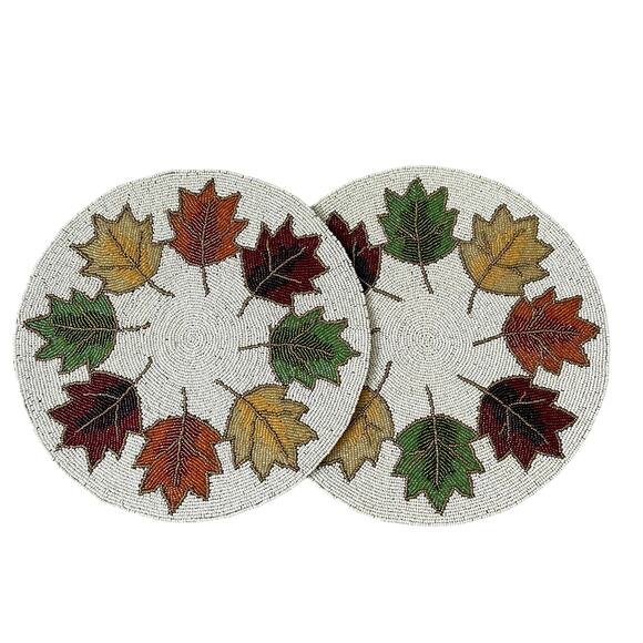 2pc NICOLE MILLER Beaded Fall Leaves 15in Round Placemat Charger Multicolor NEW - Picture 5 of 12